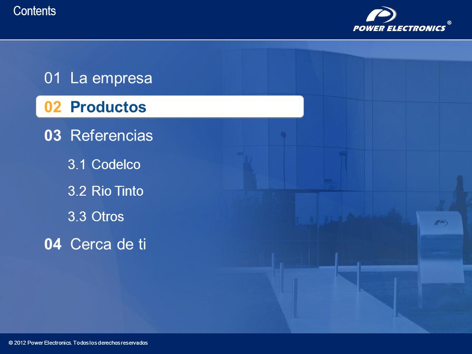 01 La empresa 02 Productos 03 Referencias 3.1 Codelco 04 Cerca de ti