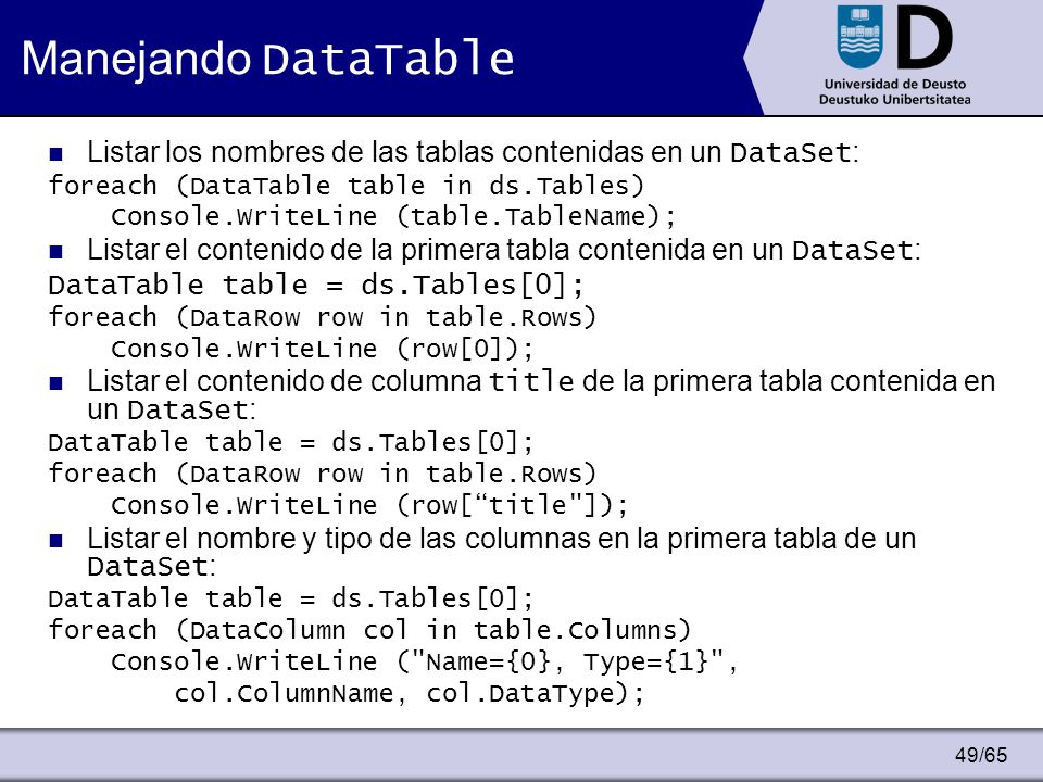 Manejando DataTable Listar los nombres de las tablas contenidas en un DataSet: foreach (DataTable table in ds.Tables)