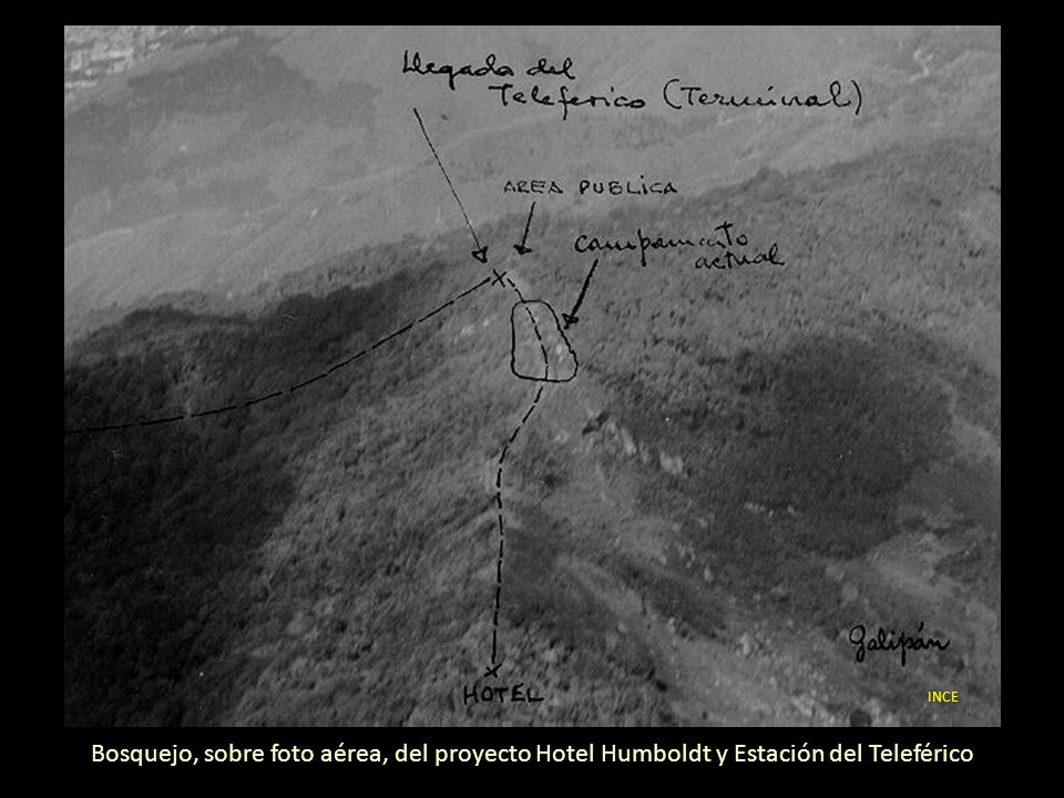INCE Bosquejo, sobre foto aérea, del proyecto Hotel Humboldt y Estación del Teleférico