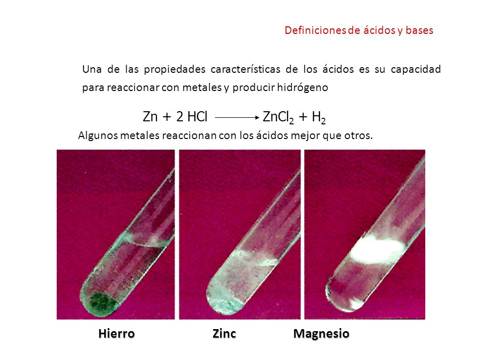Zn + 2 HCl ZnCl2 + H2 Hierro Zinc Magnesio
