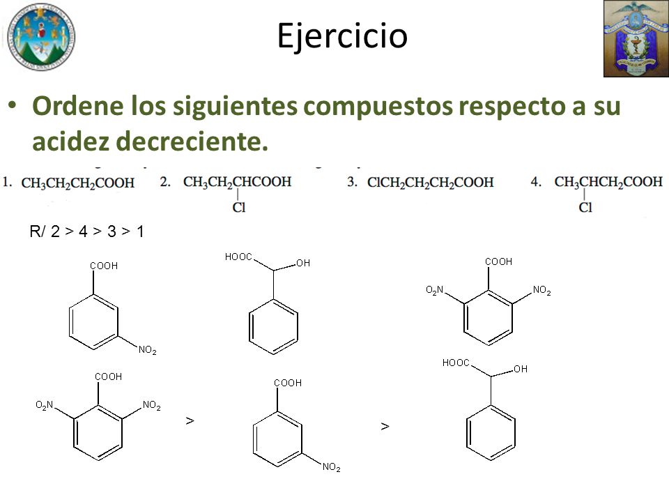 Ejercicio Ordene los siguientes compuestos respecto a su acidez decreciente. R/ 2 > 4 > 3 > 1 >