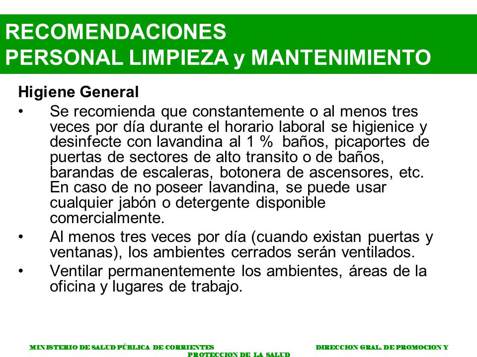 RECOMENDACIONES PERSONAL LIMPIEZA y MANTENIMIENTO