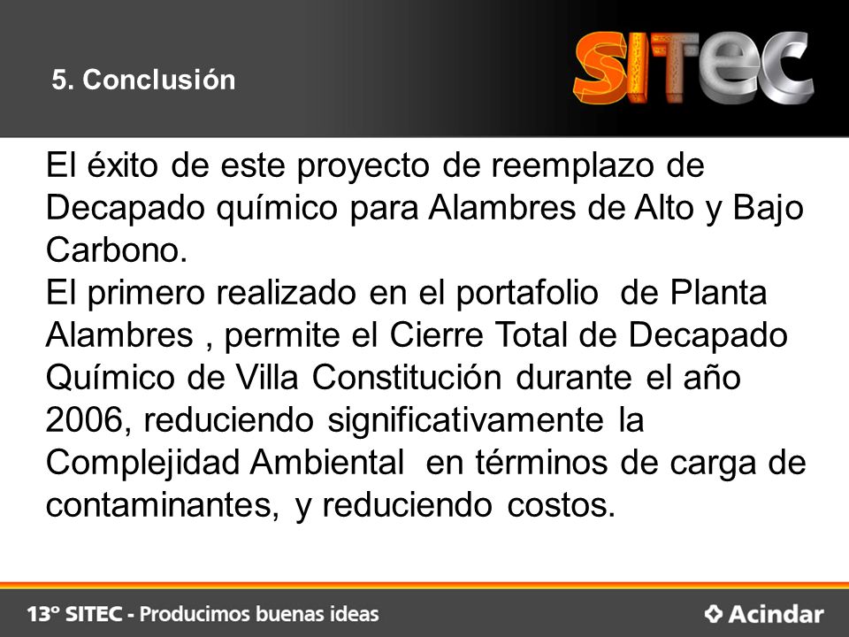 5. Conclusión El éxito de este proyecto de reemplazo de Decapado químico para Alambres de Alto y Bajo Carbono.