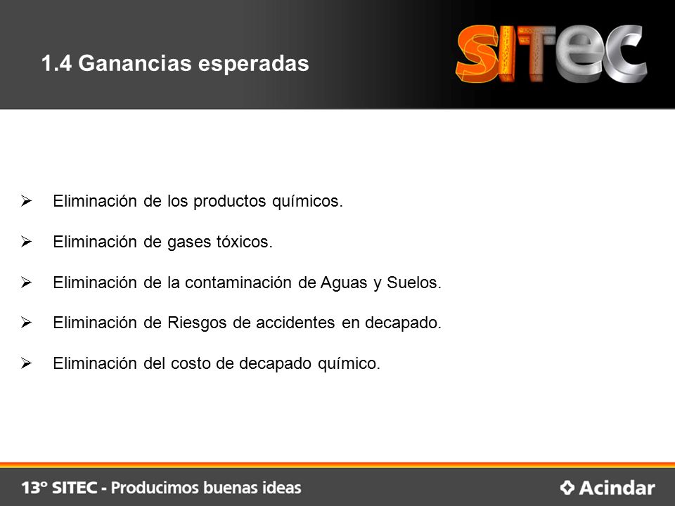 1.4 Ganancias esperadas Eliminación de los productos químicos.