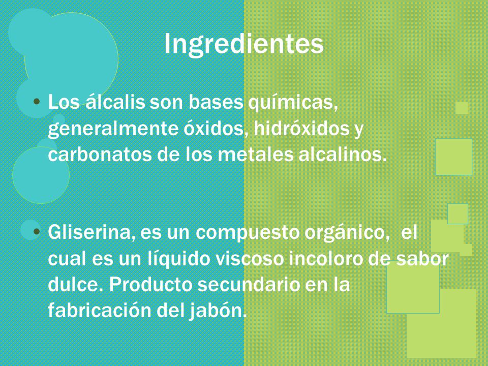 Ingredientes Los álcalis son bases químicas, generalmente óxidos, hidróxidos y carbonatos de los metales alcalinos.