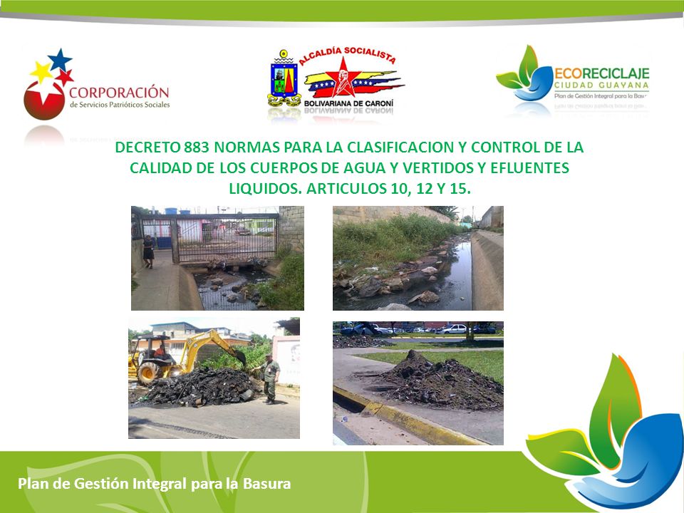 DECRETO 883 NORMAS PARA LA CLASIFICACION Y CONTROL DE LA CALIDAD DE LOS CUERPOS DE AGUA Y VERTIDOS Y EFLUENTES LIQUIDOS. ARTICULOS 10, 12 Y 15.