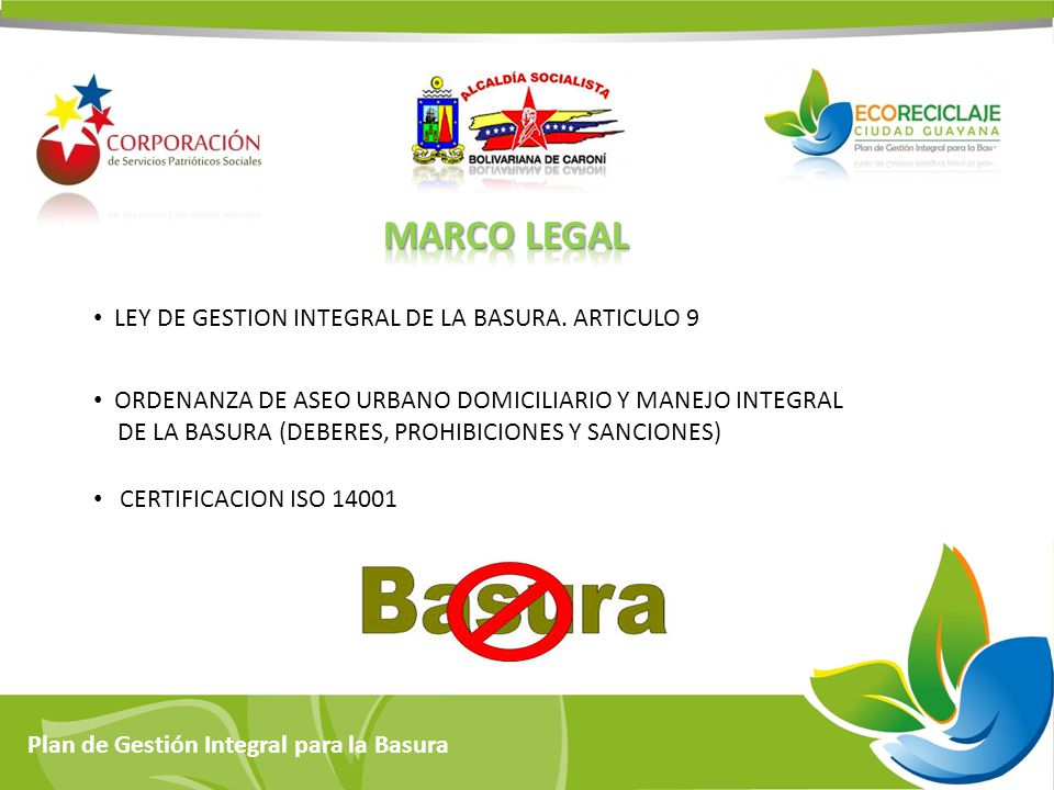 MARCO Legal LEY DE GESTION INTEGRAL DE LA BASURA. ARTICULO 9