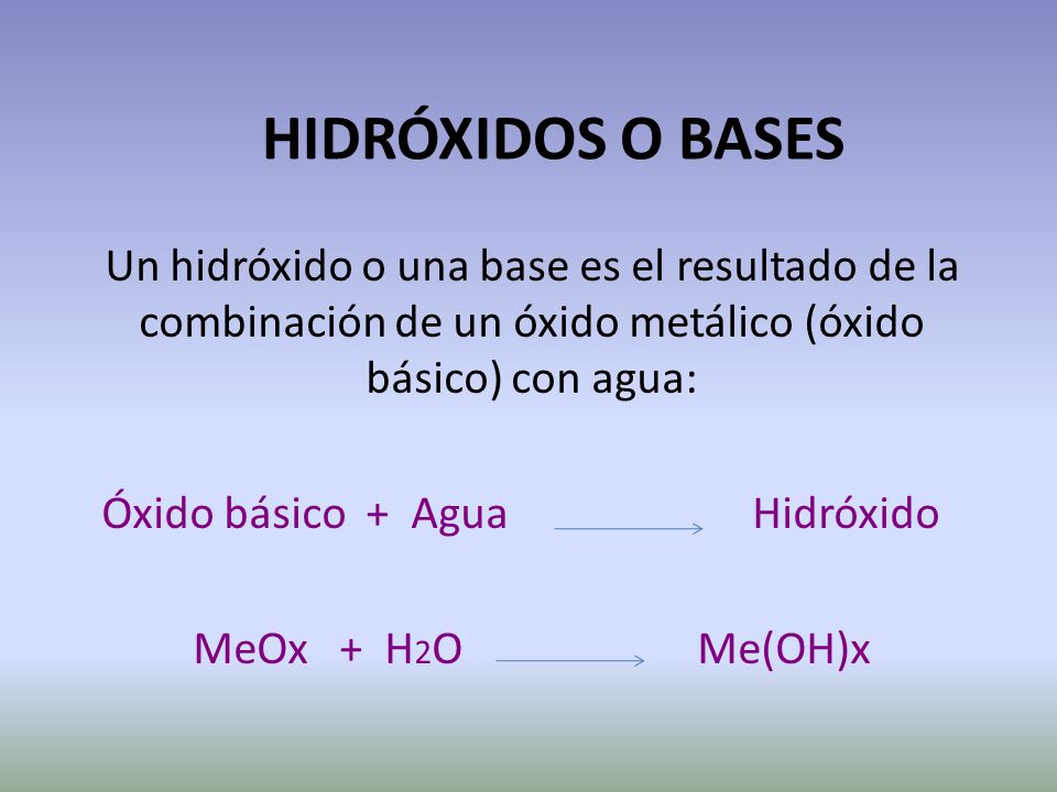HIDRÓXIDOS O BASES Un hidróxido o una base es el resultado de la combinación de un óxido metálico (óxido básico) con agua: