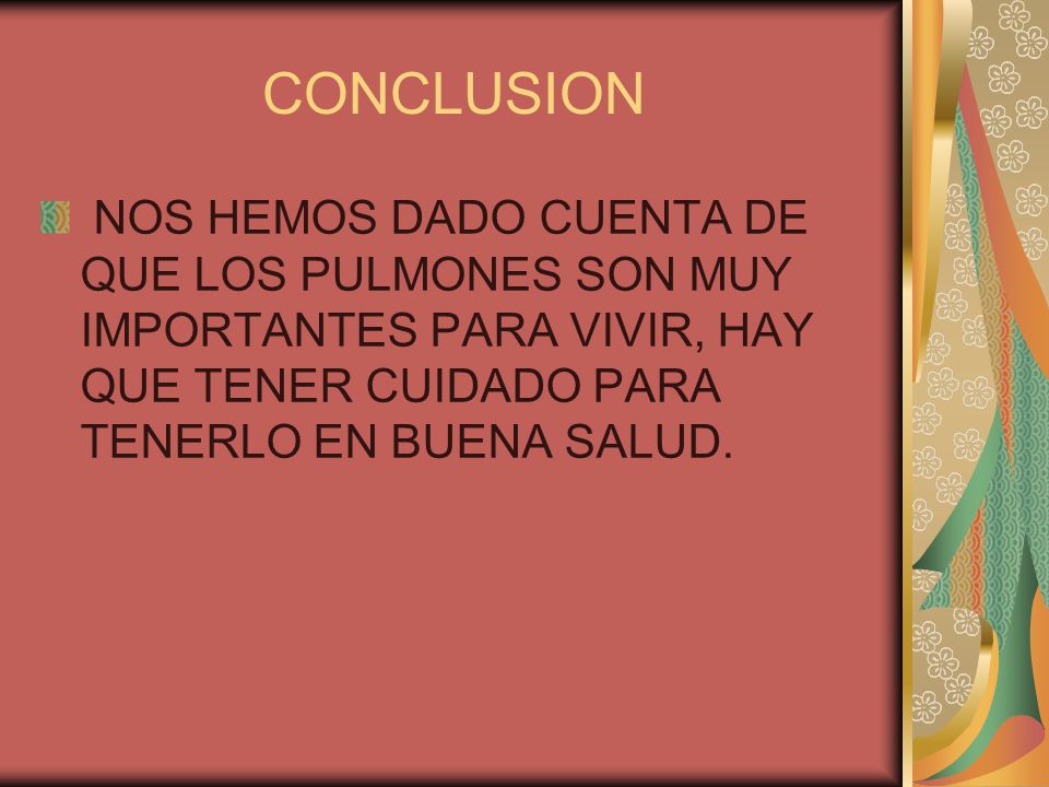 CONCLUSION NOS HEMOS DADO CUENTA DE QUE LOS PULMONES SON MUY IMPORTANTES PARA VIVIR, HAY QUE TENER CUIDADO PARA TENERLO EN BUENA SALUD.