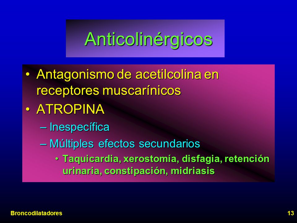 Anticolinérgicos Antagonismo de acetilcolina en receptores muscarínicos. ATROPINA. Inespecífica. Múltiples efectos secundarios.