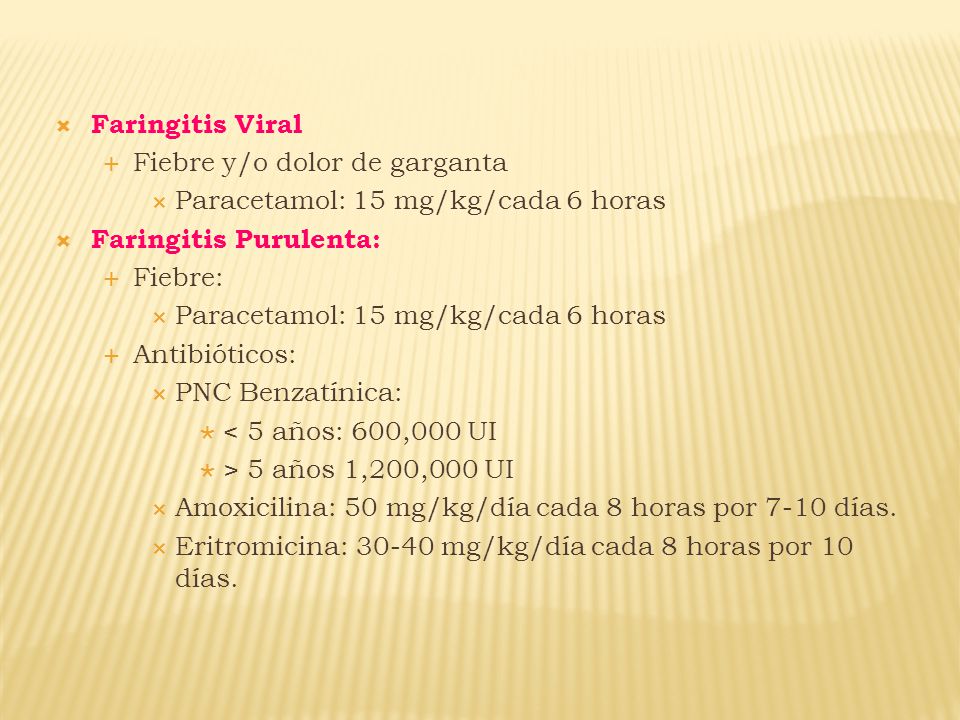 Faringitis Viral Fiebre y/o dolor de garganta. Paracetamol: 15 mg/kg/cada 6 horas. Faringitis Purulenta:
