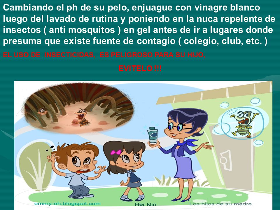 Cambiando el ph de su pelo, enjuague con vinagre blanco luego del lavado de rutina y poniendo en la nuca repelente de insectos ( anti mosquitos ) en gel antes de ir a lugares donde presuma que existe fuente de contagio ( colegio, club, etc. )