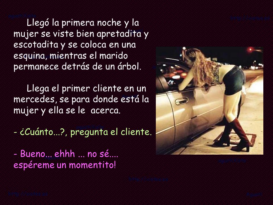 Llegó la primera noche y la mujer se viste bien apretadita y escotadita y se coloca en una esquina, mientras el marido permanece detrás de un árbol.