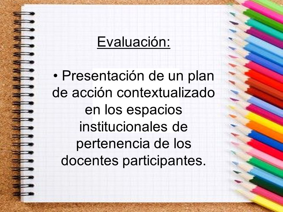 Evaluación: Presentación de un plan de acción contextualizado en los espacios institucionales de pertenencia de los docentes participantes.