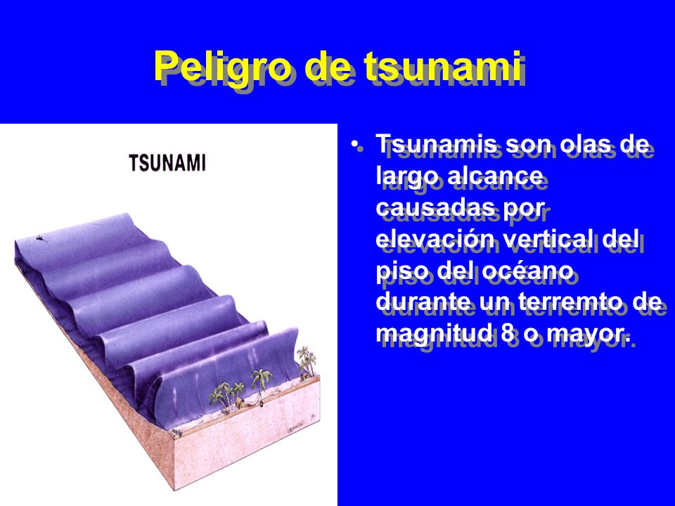Peligro de tsunami Tsunamis son olas de largo alcance causadas por elevación vertical del piso del océano durante un terremto de magnitud 8 o mayor.
