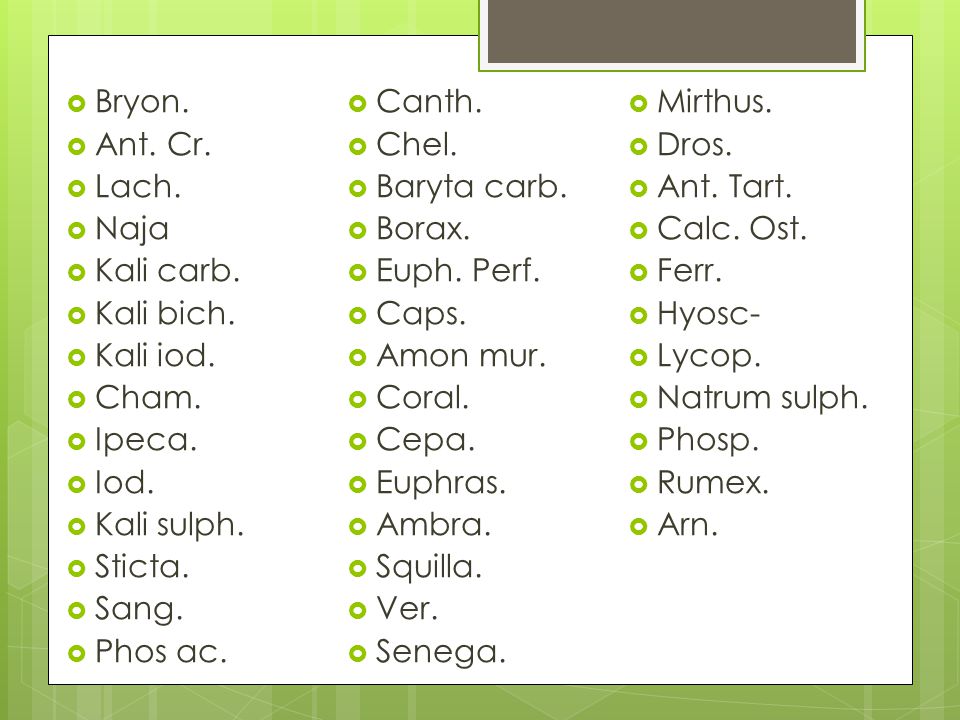Bryon. Canth. Mirthus. Ant. Cr. Chel. Dros. Lach. Baryta carb. Ant. Tart. Naja. Borax. Calc. Ost.