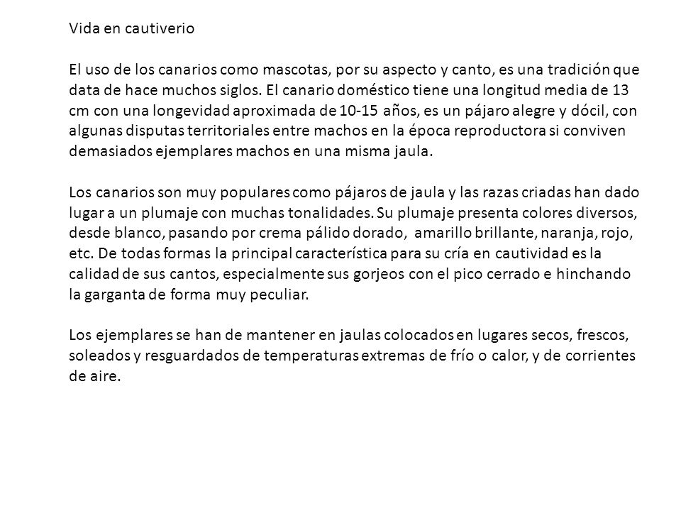 Vida en cautiverio El uso de los canarios como mascotas, por su aspecto y canto, es una tradición que data de hace muchos siglos.