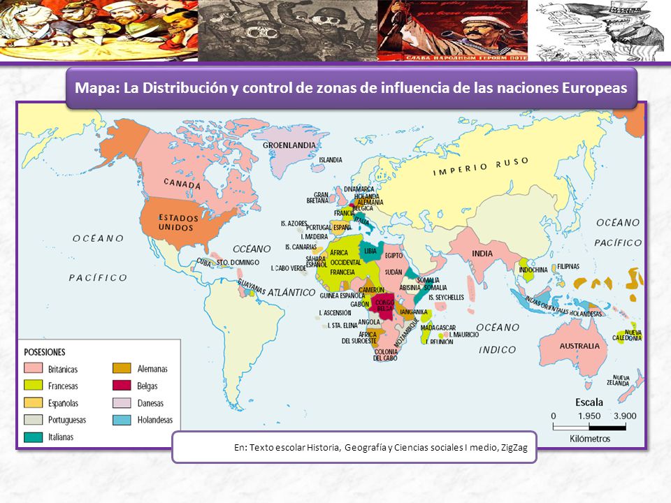 Mapa: La Distribución y control de zonas de influencia de las naciones Europeas