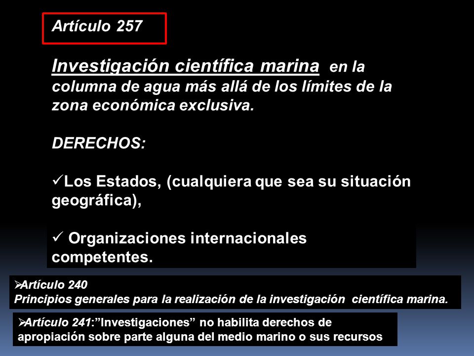 Artículo 257 Investigación científica marina en la columna de agua más allá de los límites de la zona económica exclusiva.
