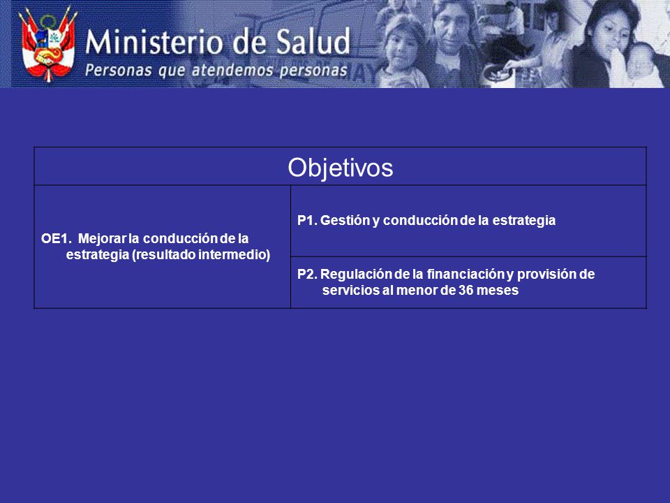 Objetivos OE1. Mejorar la conducción de la estrategia (resultado intermedio) P1. Gestión y conducción de la estrategia.