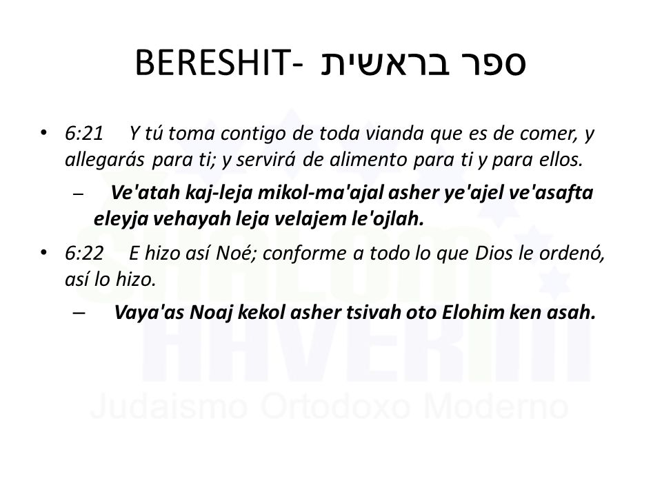 BERESHIT- ספר בראשית 6:21 Y tú toma contigo de toda vianda que es de comer, y allegarás para ti; y servirá de alimento para ti y para ellos.