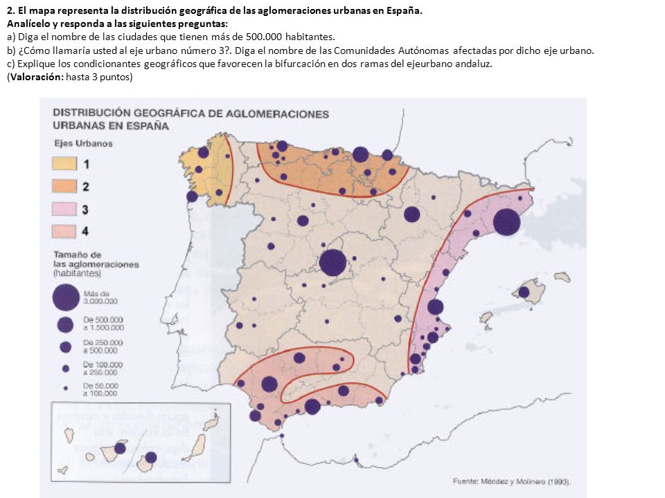 2. El mapa representa la distribución geográfica de las aglomeraciones urbanas en España.