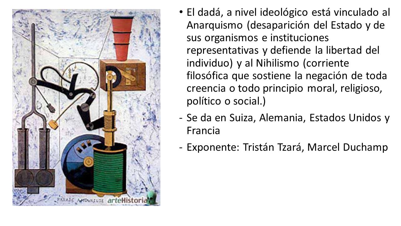 El dadá, a nivel ideológico está vinculado al Anarquismo (desaparición del Estado y de sus organismos e instituciones representativas y defiende la libertad del individuo) y al Nihilismo (corriente filosófica que sostiene la negación de toda creencia o todo principio moral, religioso, político o social.)