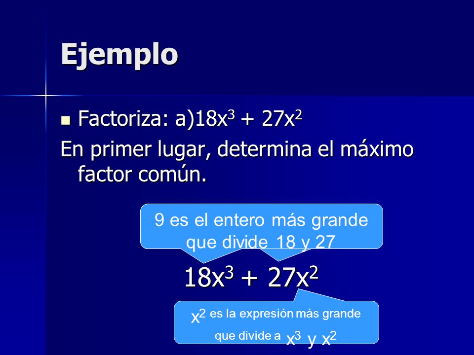 Ejemplo 18x3 + 27x2 Factoriza: a)18x3 + 27x2
