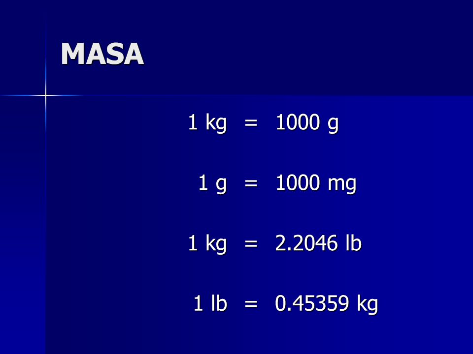 MASA 1 kg 1 g = 1000 g 1000 mg lb 1 lb kg