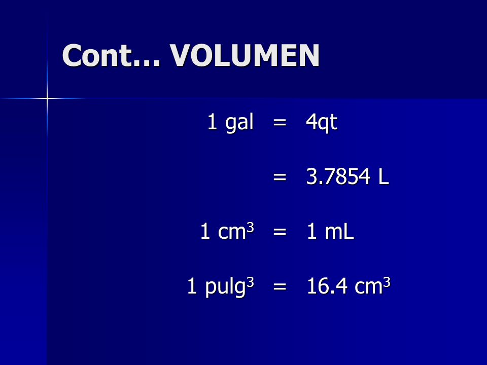 Cont… VOLUMEN 1 gal = 4qt L 1 cm3 1 mL 1 pulg cm3