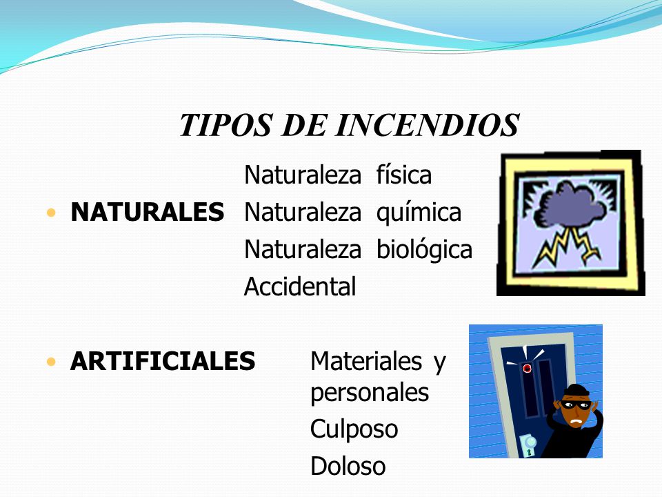 TIPOS DE INCENDIOS Naturaleza física NATURALES Naturaleza química