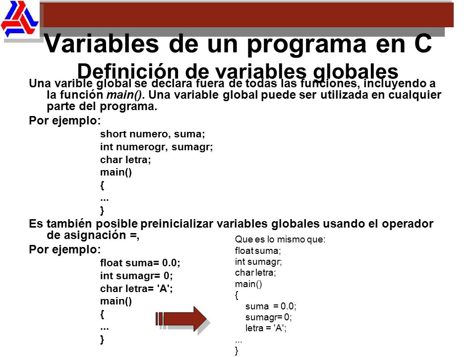 Variables de un programa en C Definición de variables globales