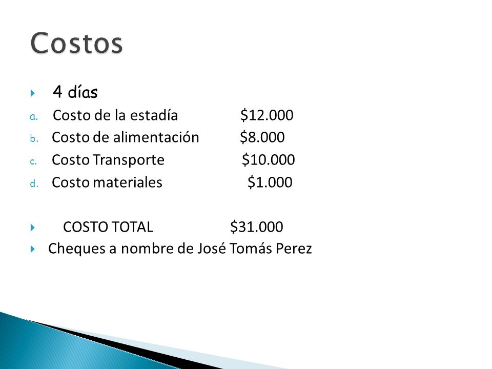 Costos 4 días Costo de la estadía $ Costo de alimentación $8.000