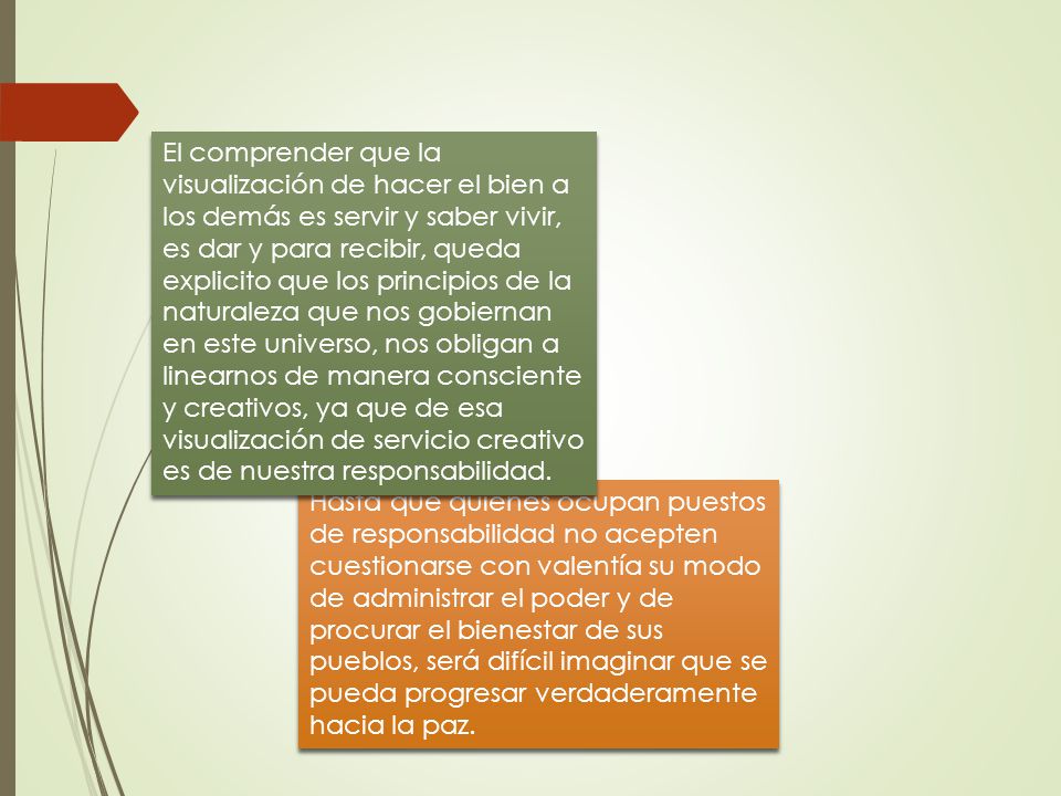 El comprender que la visualización de hacer el bien a los demás es servir y saber vivir, es dar y para recibir, queda explicito que los principios de la naturaleza que nos gobiernan en este universo, nos obligan a linearnos de manera consciente y creativos, ya que de esa visualización de servicio creativo es de nuestra responsabilidad.