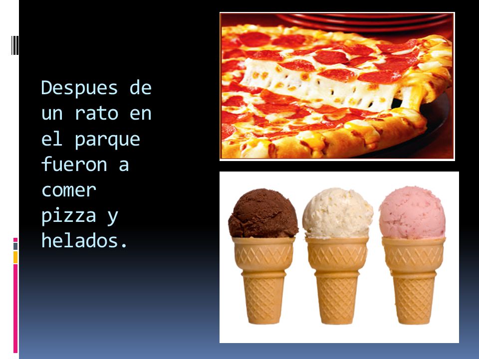 Despues de un rato en el parque fueron a comer pizza y helados.