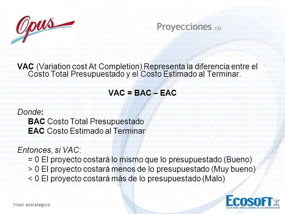 Proyecciones (3) VAC (Variation cost At Completion) Representa la diferencia entre el Costo Total Presupuestado y el Costo Estimado al Terminar.