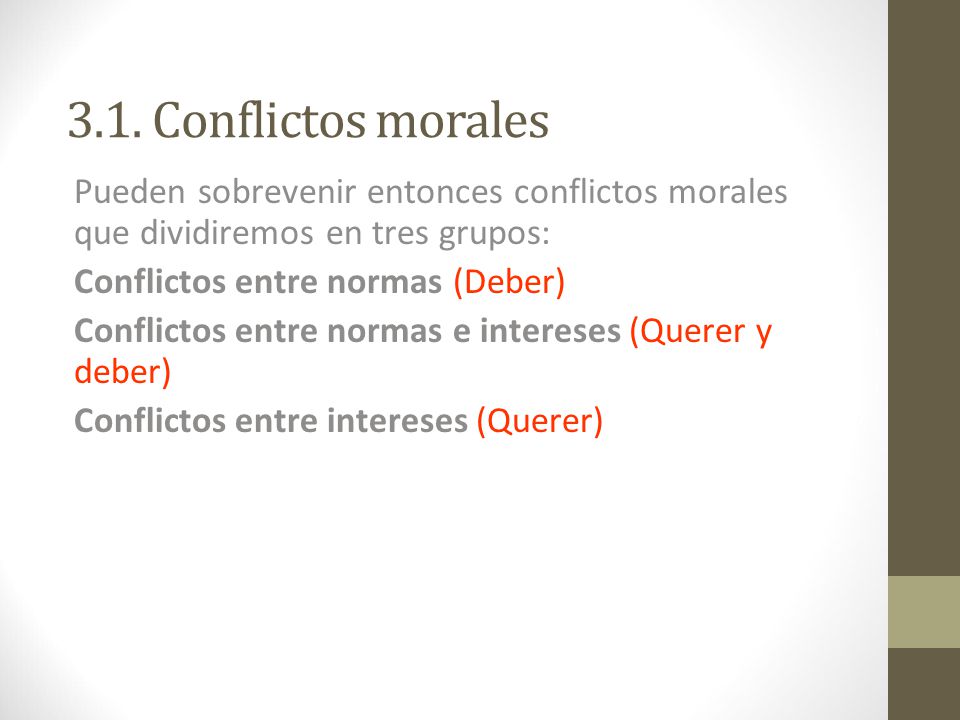 3.1. Conflictos morales Pueden sobrevenir entonces conflictos morales que dividiremos en tres grupos: