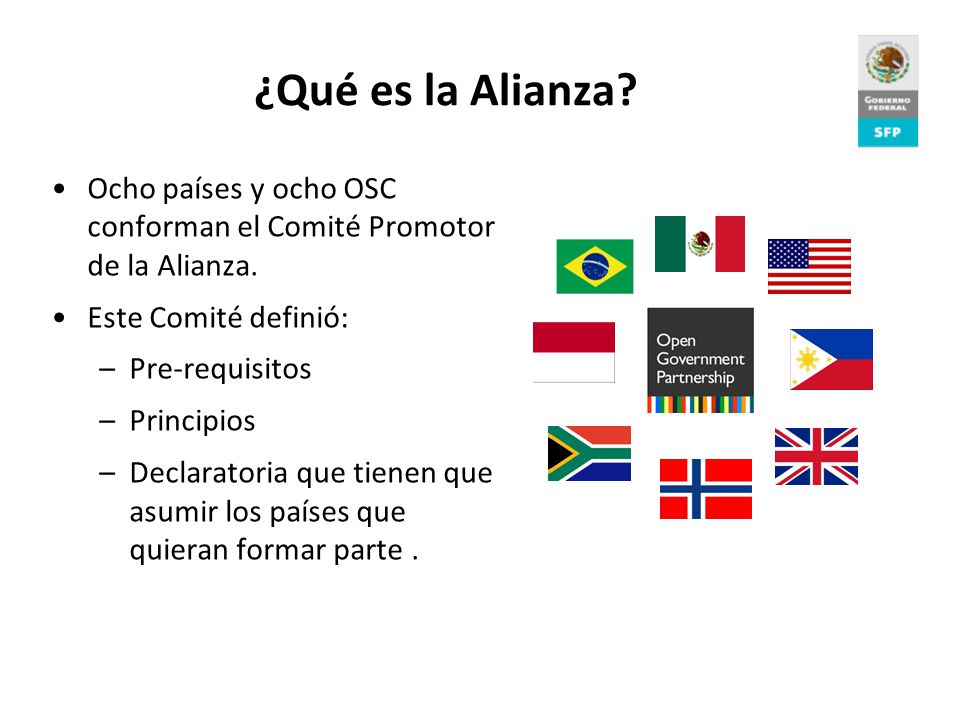 ¿Qué es la Alianza Ocho países y ocho OSC conforman el Comité Promotor de la Alianza. Este Comité definió: