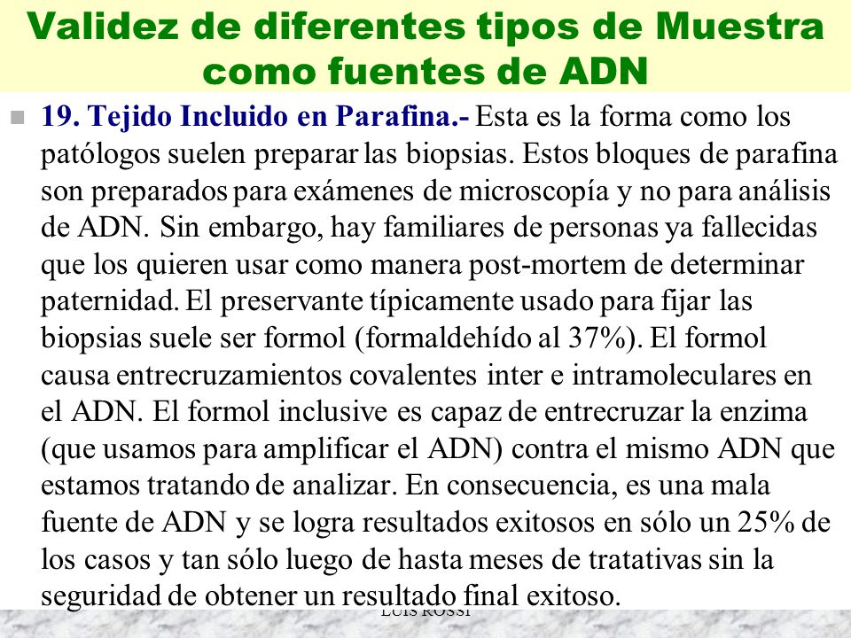 Validez de diferentes tipos de Muestra como fuentes de ADN