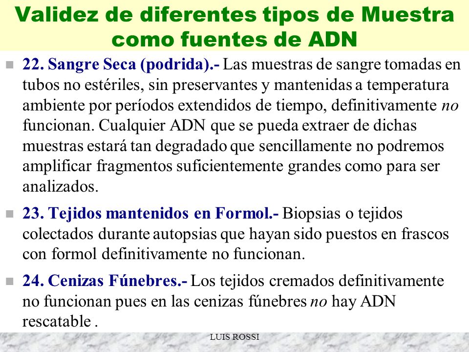 Validez de diferentes tipos de Muestra como fuentes de ADN