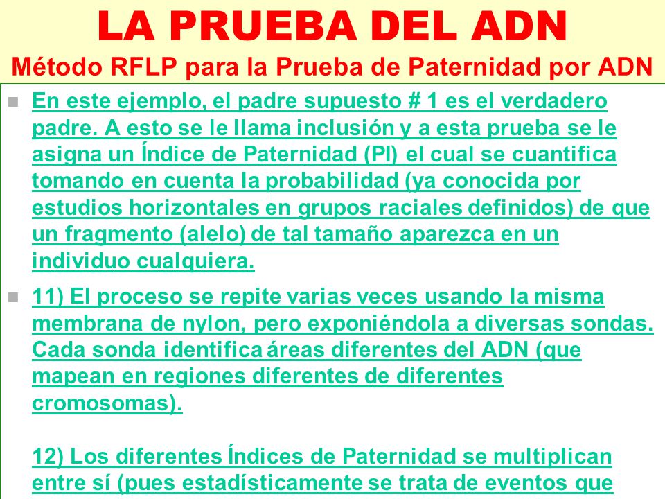 LA PRUEBA DEL ADN Método RFLP para la Prueba de Paternidad por ADN