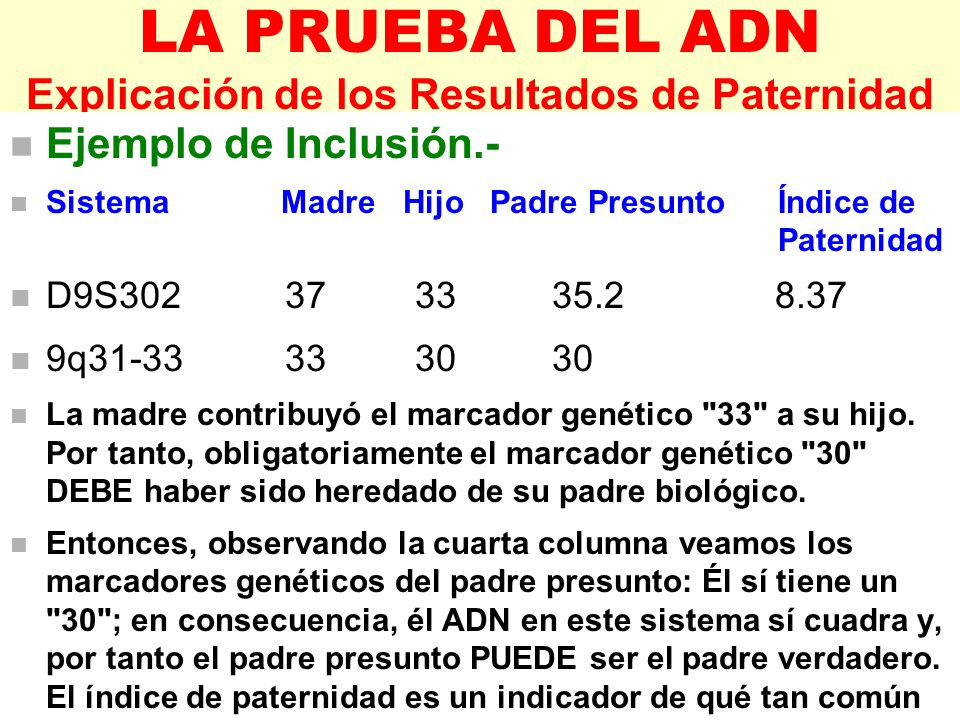 LA PRUEBA DEL ADN Explicación de los Resultados de Paternidad