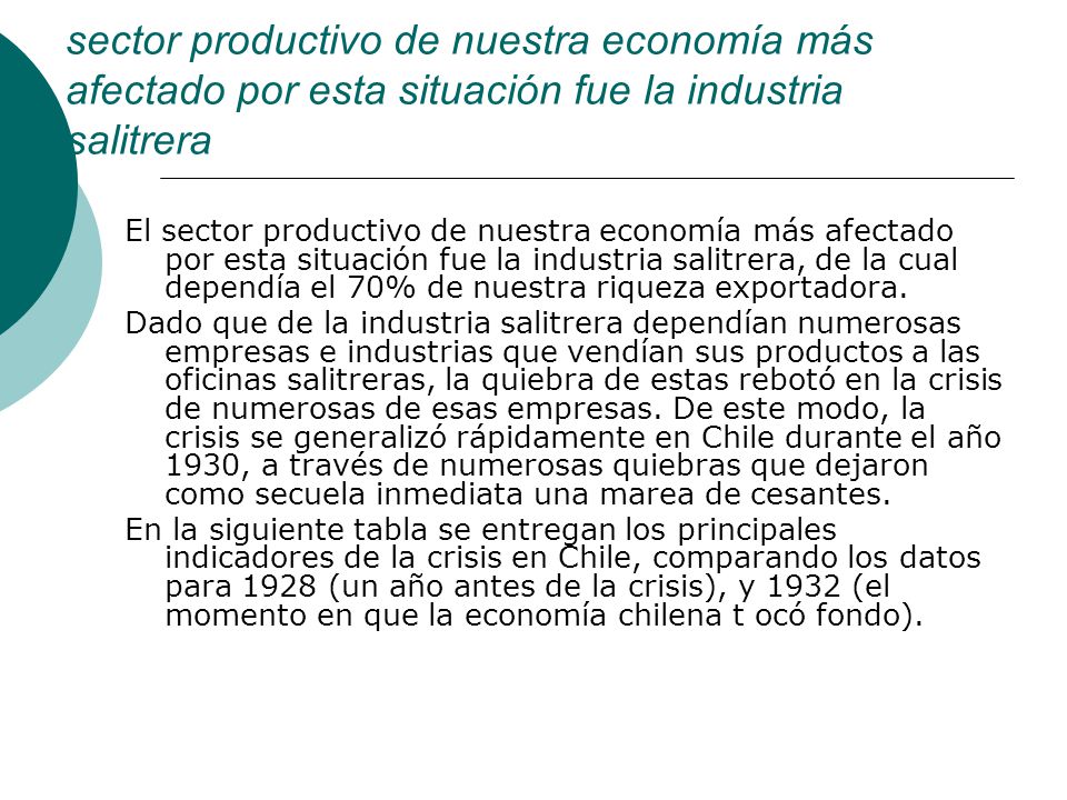 sector productivo de nuestra economía más afectado por esta situación fue la industria salitrera