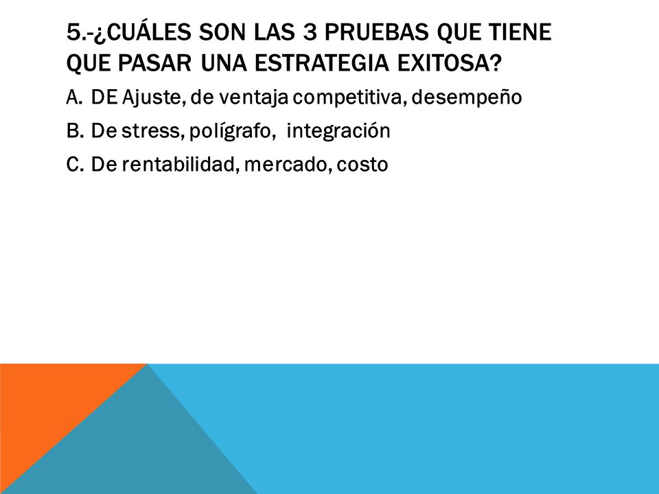 5.-¿CUÁLES SON LAS 3 pruebas que tiene que pasar una estrategia exitosa