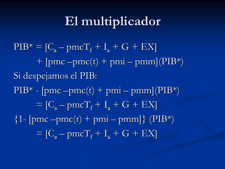 El multiplicador PIB* = [Ca – pmcTf + Ia + G + EX]