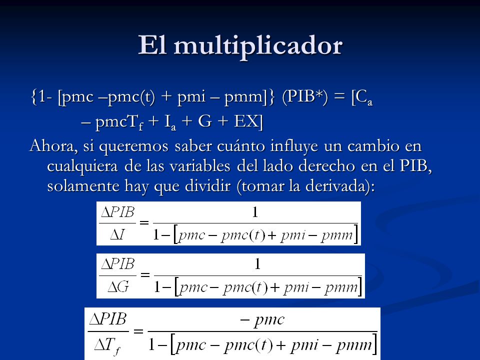 El multiplicador {1- [pmc –pmc(t) + pmi – pmm]} (PIB*) = [Ca