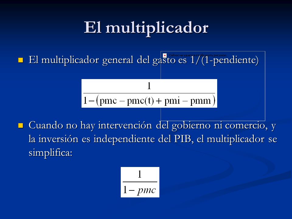 El multiplicador El multiplicador general del gasto es 1/(1-pendiente)