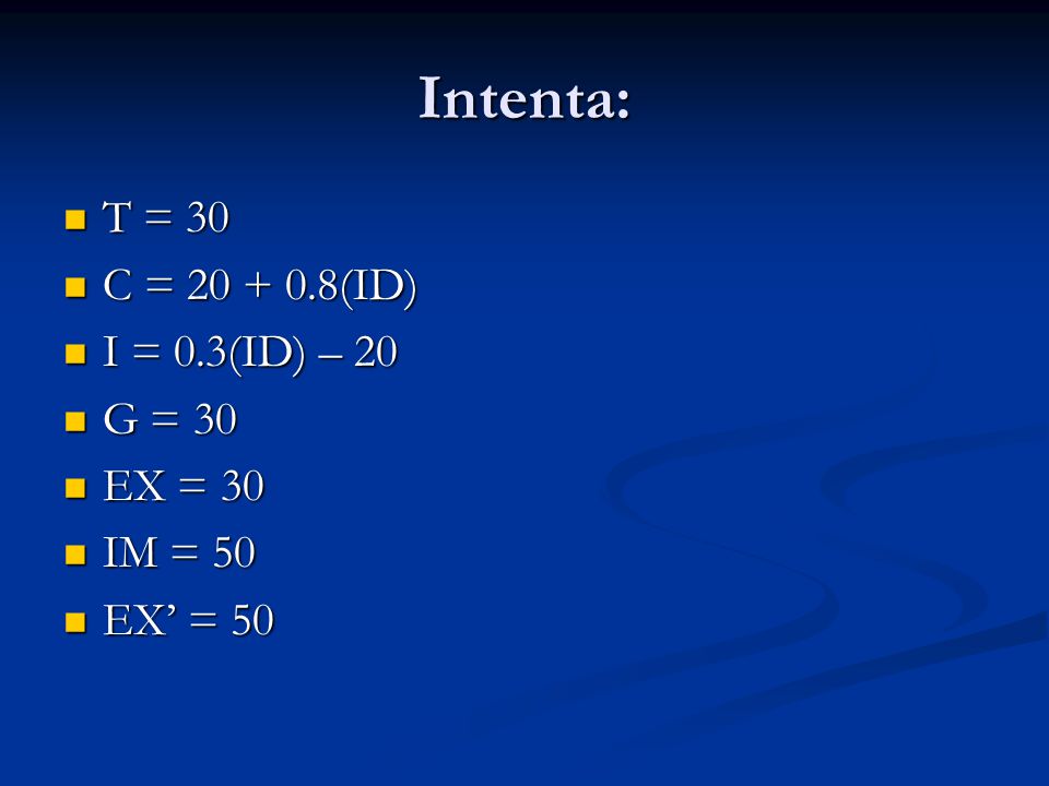 Intenta: T = 30 C = (ID) I = 0.3(ID) – 20 G = 30 EX = 30