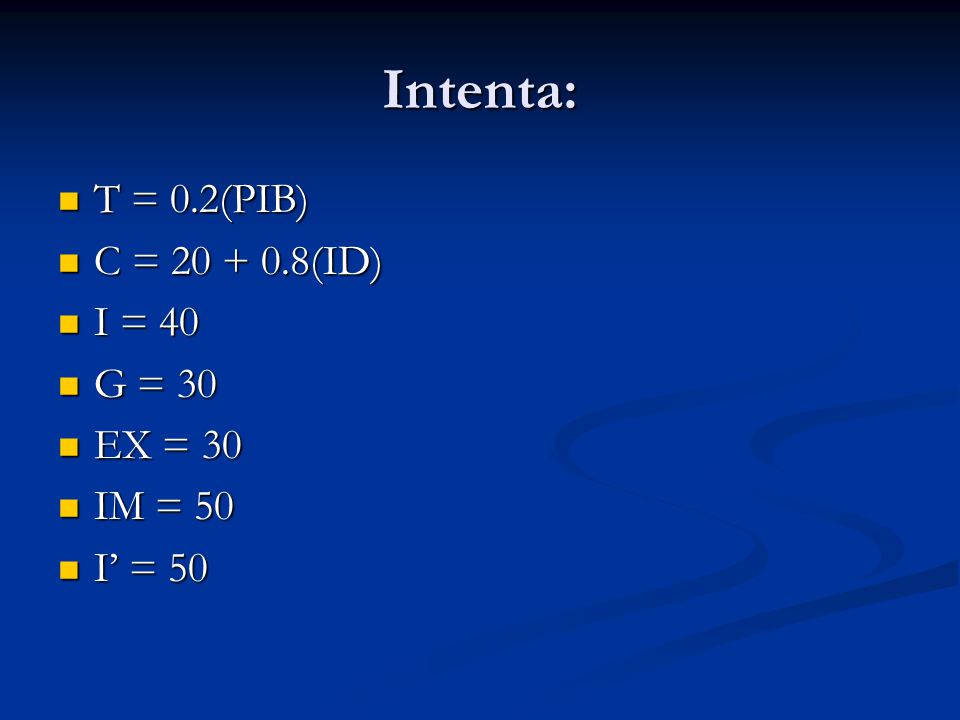 Intenta: T = 0.2(PIB) C = (ID) I = 40 G = 30 EX = 30 IM = 50