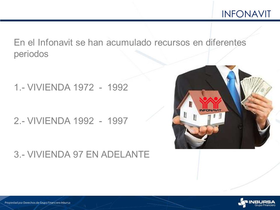 INFONAVIT En el Infonavit se han acumulado recursos en diferentes periodos. 1.- VIVIENDA